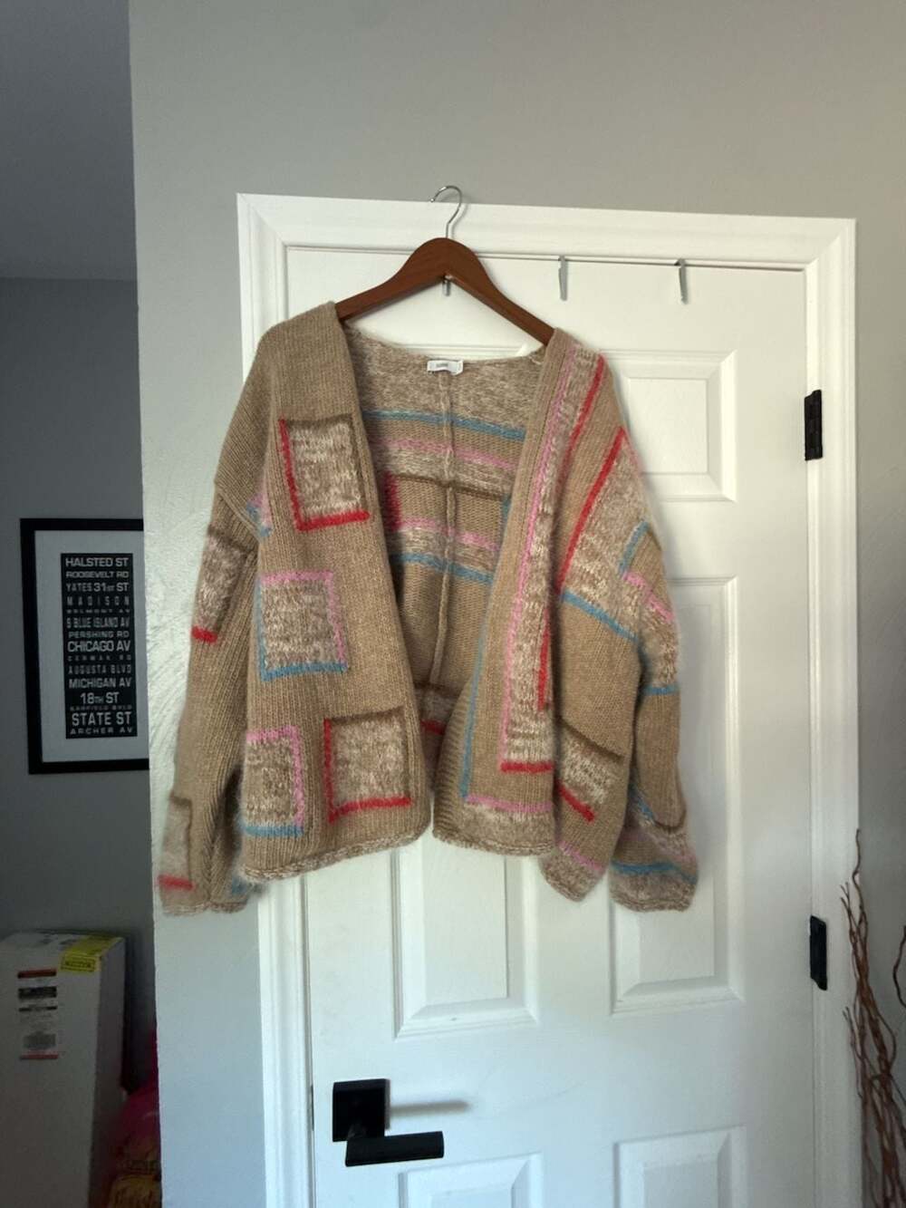 Closed Open Front Beige Cardigan Sweater with Multi-Color Geometric Patchwork Si
